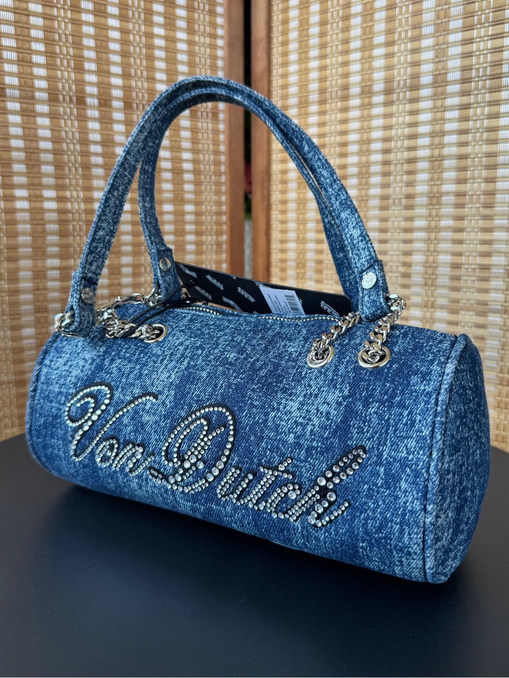 Von Dutch Denim Mini Barrel Bag in Blue with Crystal Logo